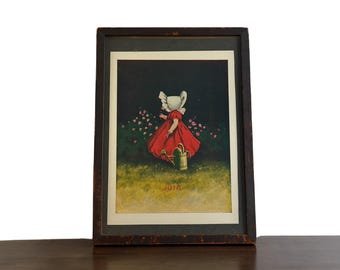 Stampa antica incorniciata di una bambina con cappellino da sole del mese di giugno, circa 1900-1910 / Illustrazione di bambina in stile edoardiano / Decorazione murale in stile cottagecore con calendario vintage