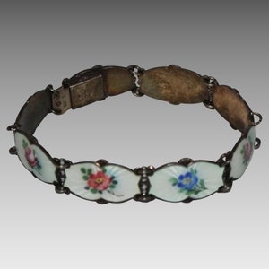 Vintage Enamel Ivar Holt Sterling Silver Floral Panel Bracelet Norway