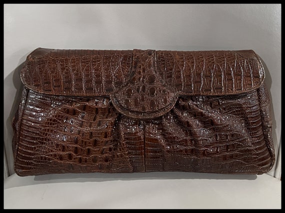 Large Vintage Chocolate Brown Genuine Lizard Skin… - image 2