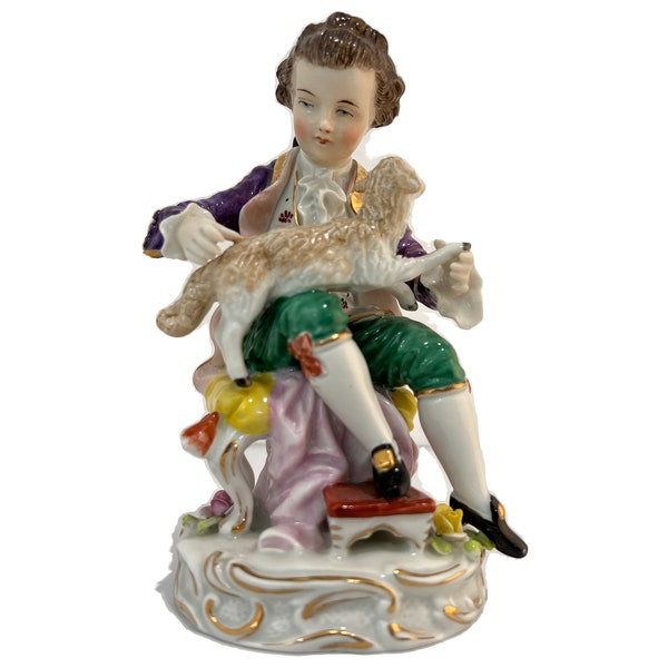 Sitzendorf Dresden Porcelain Figure Boy Petting Baby Lamb or Goat