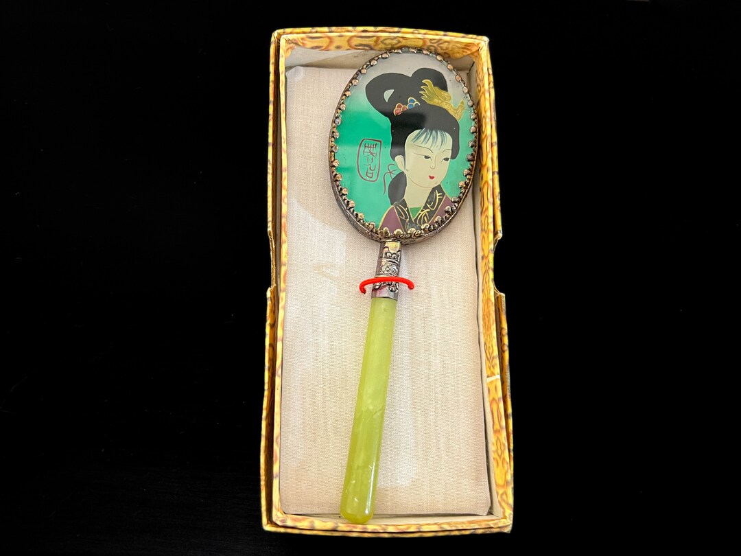 Traditional Geisha Mirror Vintage Asian Japanese Giesha Girl Enamel Hand Mirror Ornate Silver ...