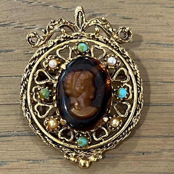 Florenza Vintage Cameo Brooch Pin Tortoise Shell Glass