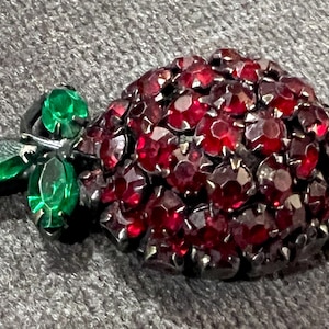 Vintage Rhinestone Red Strawberry Brooch Warner Prong Set in Japanned Metal