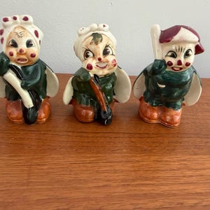 Vintage Pixie Elf Figurine Set of 3 Ceramic Japan Baseball & Polka Dot Bandana Figures 4" Christmas Decor