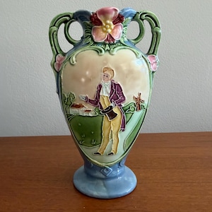 VTG Art Nouveau Majolica Vase Figural Gentleman Scenic Relief Double Handle Floral Pottery