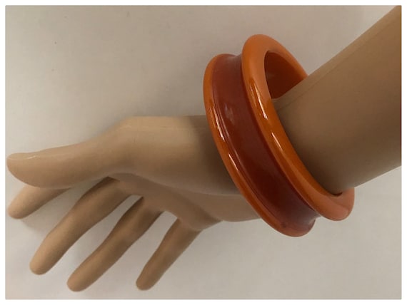 Bakelite Concave Bangle Bracelet Deep Orange Pump… - image 1