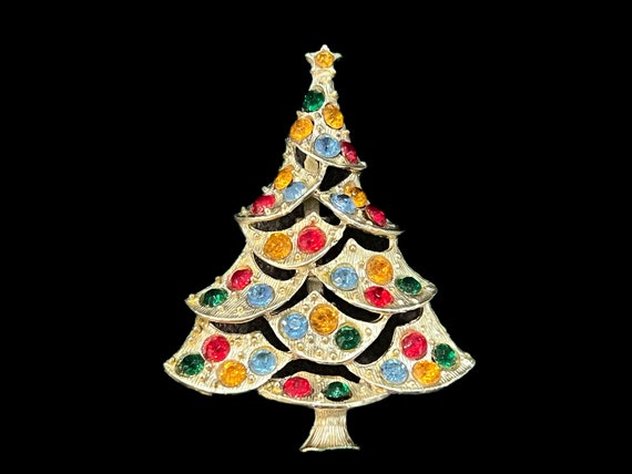 Vintage Colorful Rhinestone Christmas Tree Brooch… - image 1