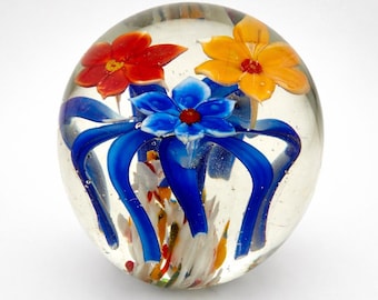 Vintage Art Glass Paperweight, Colorful Lampwork Flowers, Red Yellow Blue Floral Orb, Murano Style Glass Sphere, Desk Decor Gift