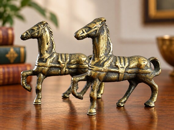 Vintage Brass Horse Figurines Pair Prancing Horses Equestrian Folk Art Decor
