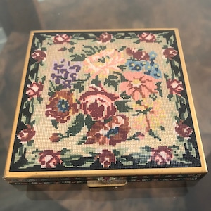 Vintage Volupte Compact Enamel Needlepoint Design