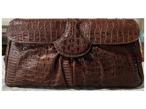 Large Vintage Chocolate Brown Genuine Lizard Skin… - image 1