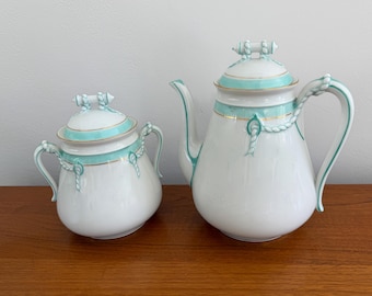 Antieke Haviland Limoges koffiepot en suikerpot set Frans porselein nautisch touwdetail trouwring