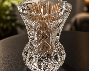 Porta stuzzicadenti vintage in vetro tagliato, vaso per fiori con base a stella, ventaglio e motivo a rombi, 7,6 cm.