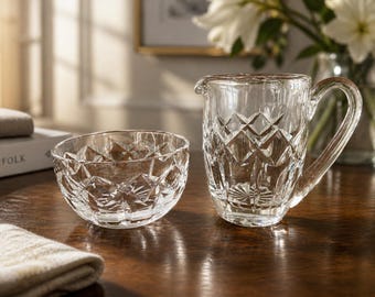Vintage geslepen kristallen roomkan en suikerpot set | Diamantgeslepen glas | Elegant serviespaar