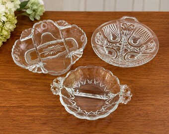 Plat à relish vintage en verre transparent, collection Cambridge Chantilly gravé à l'acide + 2 bols de service élégants