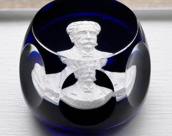 Vintage Cristal d’Albret Cobalt Blue Sulphide Paperweight | Albert Schweitzer Cameo Bust | French Art Glass