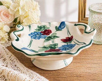 Vintage handgeschilderde keramische zeepschaal met handgrepen | Toilettafel op voetstuk, gebloemd cottagedecor, ringschotel catchall