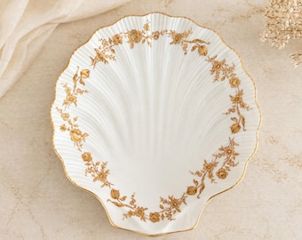 Vintage Limoges Chamart Shell Dish Gold Gilt Floral Scalloped Porcelain French Bowl Plate