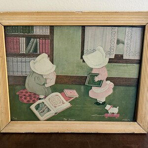 Antique “The Study” Sunbonnet Children Print c.1905 | Vintage Nursery Wall Art Framed | Edwardian Illustration Cottage Decor