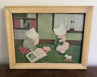 Antique “The Study” Sunbonnet Children Print c.1905 | Vintage Nursery Wall Art Framed | Edwardian Illustration Cottage Decor