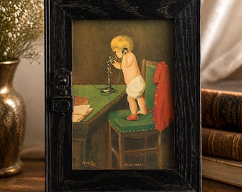 Antique 1905 “Hello Papa!” Print in Original Mission Oak Frame – Alice Lee Ullman Mfg NY Early Telephone Child Illustration