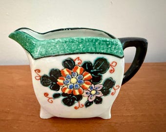 Vintage Hand Painted Japan Creamer Pitcher Floral Art Deco Lusterware Red Bird Mark