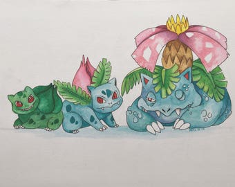 Gen 1 Grass Starters Watercolor Painting