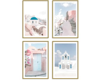 Grecia Pastel Set de 4 Grabados Viaje Arte Mural Santorini Fotografía