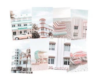 May include: A collage of nine images featuring pastel pink and blue Art Deco buildings in Miami Beach, Florida. The images include close-ups of the buildings, as well as views of the beach and the ocean.