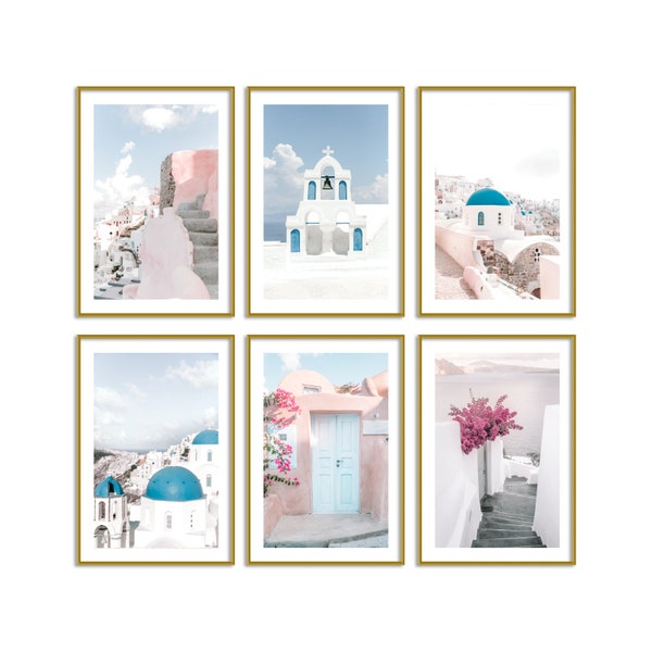 Greece Pastel Set of 6 Prints // Travel Wall Art Decor // Blush Gallery Wall Set // Santorini Wall Prints // Pink Wall Art