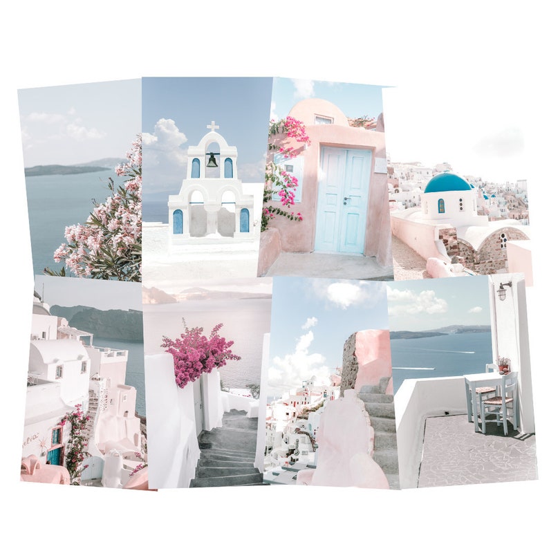 May include: A collage of images showcasing whitewashed buildings, blue domed churches, and vibrant pink bougainvillea flowers in a picturesque Greek island setting.