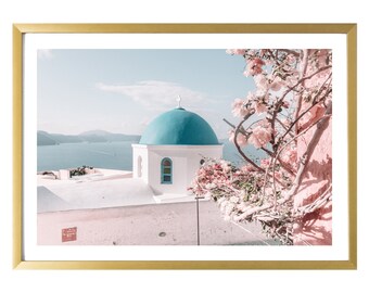 Greece Aesthetic Wall Art Pink Room Decor Santorini Floral Travel Wall Print