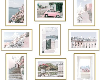 Pink Wall Art Set of 9 Prints Pastel Room Decor Italy Greece Paris
