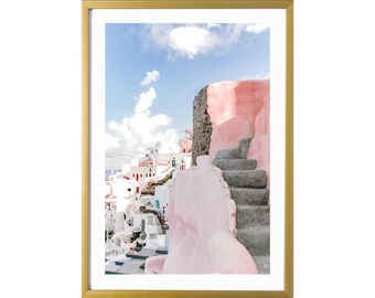 Santorini Pink Steps Photography Print Greece Travel Poster Pastel Staircase Wall Art Greece Decor Mediterranean Art Print Aesthetic Decor
