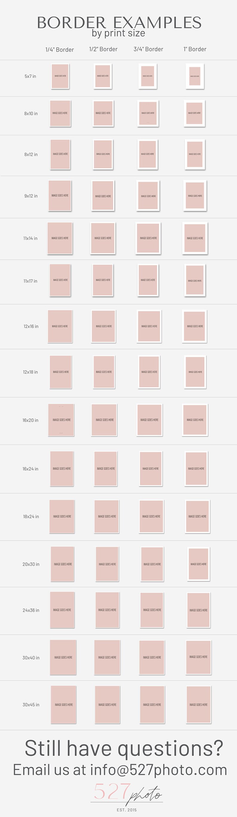 May include: A chart showing different print sizes with border examples for photographs. The chart shows the print size in inches, with four columns showing the different border sizes: 1/4 inch, 1/2 inch, 3/4 inch, and 1 inch.