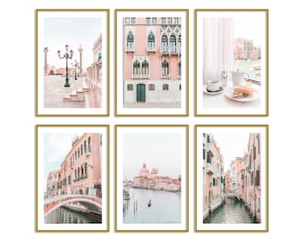 Venice Italy Gallery Wall Art Set of 6 Prints Pastel Pink Travel Original Artwork