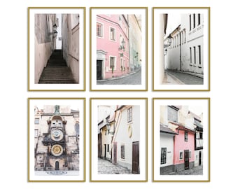 Prague Wall Art Set of 6 Prints Pink Travel Photography Room Decor