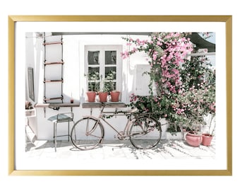 Santorini Greece Photography Print Floral Travel Wall Art