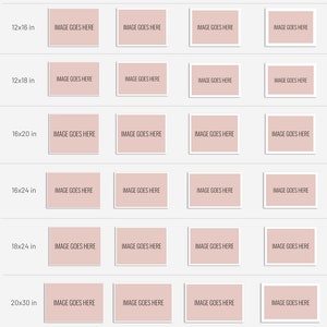 May include: A chart displaying border examples by print size, with various dimensions like 5x7 inches to 30x45 inches. Each size shows options for 1/4", 1/2", 3/4", and 1" borders. The text "IMAGE GOES HERE" is in each example.