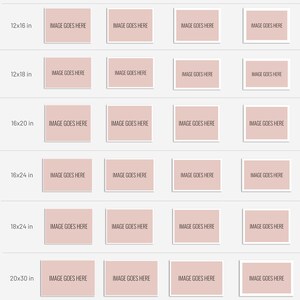 May include: A chart showing different border sizes for various print sizes, from 5x7 inches to 30x45 inches. The chart shows how the border size affects the visible image area. The text "BORDER EXAMPLES by print size" is at the top of the chart.