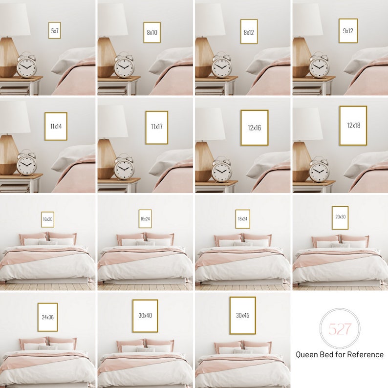 Op de afbeelding: Een visuele gids voor fotolijstmaten voor een queensize bed. De afbeelding toont een queensize bed met verschillende lijstmaten die aan de muur boven het hoofdeinde zijn geplaatst. De lijstmaten zijn aangegeven in inches, zoals 5x7, 8x10, 11x14, 12x16, 16x20, 24x36, 30x40 en 30x45.