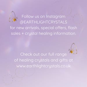 May include: A lilac background with gold butterfly illustrations and text. The text reads: Follow us on Instagram @EARTHLIGHTCRYSTALS for new arrivals, special offers, flash sales + crystal healing information.