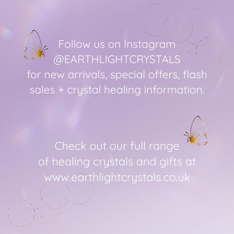 May include: A lilac background with gold butterfly illustrations and text. The text reads: Follow us on Instagram @EARTHLIGHTCRYSTALS for new arrivals, special offers, flash sales + crystal healing information.