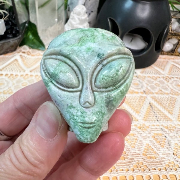 Apple Green Jasper Crystal Alien Skull Carving - Apple Green Jasper Star Being Skull - Hand Carved Alien Skull - AG2