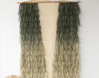 Modern Dip Dyed Wool Wall Hanging -  Wall Hanging - Fiber Art - Yarn Tapestry - Large Extra Full Light Green -  Stunning Large Macrame