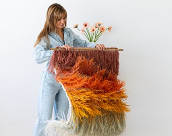 Handwoven Wool Tapestry – Multicolor Ombre Shaggy Fiber Art – Boho Wall Hanging - Gerbena