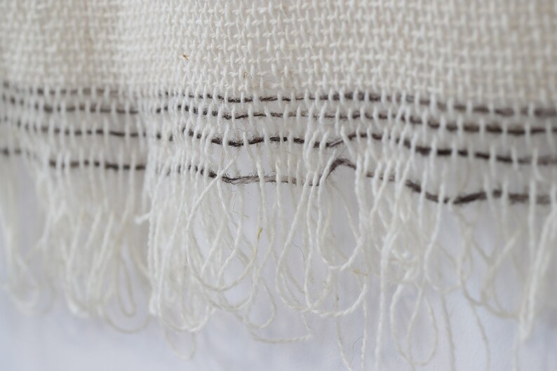 May include: Close-up of a white woven fabric with a fringe border. The fabric has a subtle texture and a thin black line running along the edge.