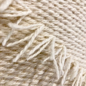 May include: Close-up of a white woven fabric with a textured pattern. The fabric has a frayed edge.