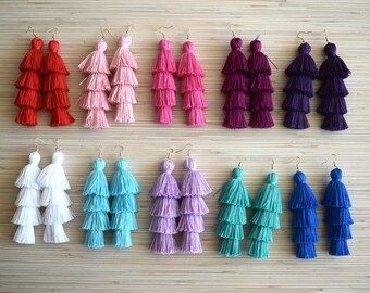 Tiered Tassel Earrings - 14 COLORS - Pink Tassel Earrings Gold Fringe Earrings White Statement Earrings Layered Tassel Earrings Blue Black