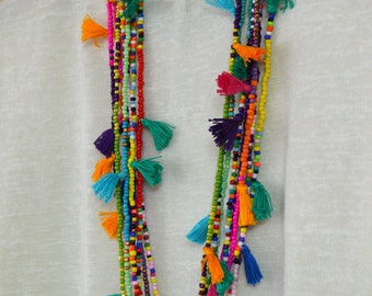 Long tassel necklace Hot pink tassel necklace Beaded necklace with tassels Seed bead tassel necklace Boho chic jewelry Tribal necklace Ibiza